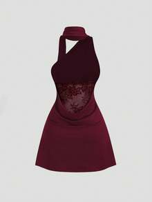 Sweetra Abito da donna primavera/estate con spalla asimmetrica, fluido con laccio, nero, alla moda, colore unito, aderente, mini, con un'atmosfera elegante e matura - Bordò - Visualizzare 1