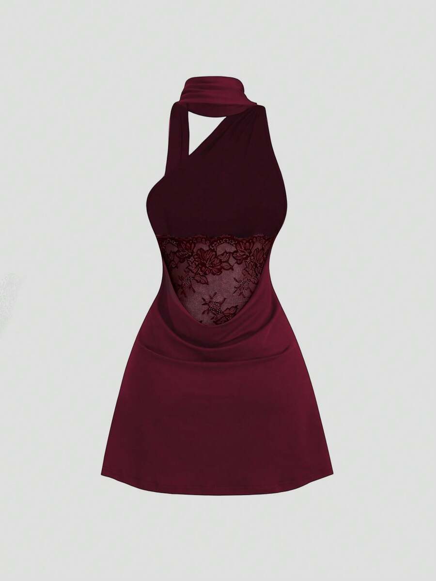 Sweetra Abito da donna primavera/estate con spalla asimmetrica, fluido con laccio, nero, alla moda, colore unito, aderente, mini, con un'atmosfera elegante e matura - Bordò - Visualizzare 1