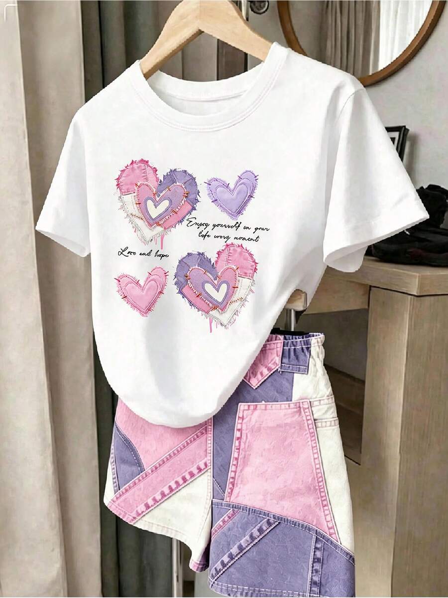 Bộ áo thun in slogan hình trái tim và quần short phối màu tương phản phong cách thường ngày mùa hè cho bé gái - Nhiều màu - Xem 1