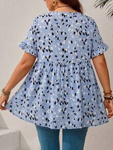 EMERY ROSE Plus Size Casual Resort Style Ruffled Sleeve Allover Print Shirt,Summer Outfits For Women/Summer,Tropical Vacation Woman Clothes - Blue - View 2