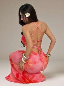 SHEIN PETITE 女士优雅芙蓉花印花露背连衣裙，夏季海滩度假装扮，波西米亚热带风情度假婚礼周年纪念伴娘派对约会性感婚礼宾客新娘送礼会白色端庄仙女风 - 彩色 - 查看 1