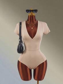 Amplova Activina 女款素色深V領短袖連身衣，芭蕾舞服女款露肩露背連身褲，四季適用 Ralphlauren 運動系列 - 卡其色 - 查看 8
