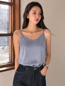 DAZY 女款素色休閒百搭日常出遊細肩帶上衣 - 藍色 - 查看 4