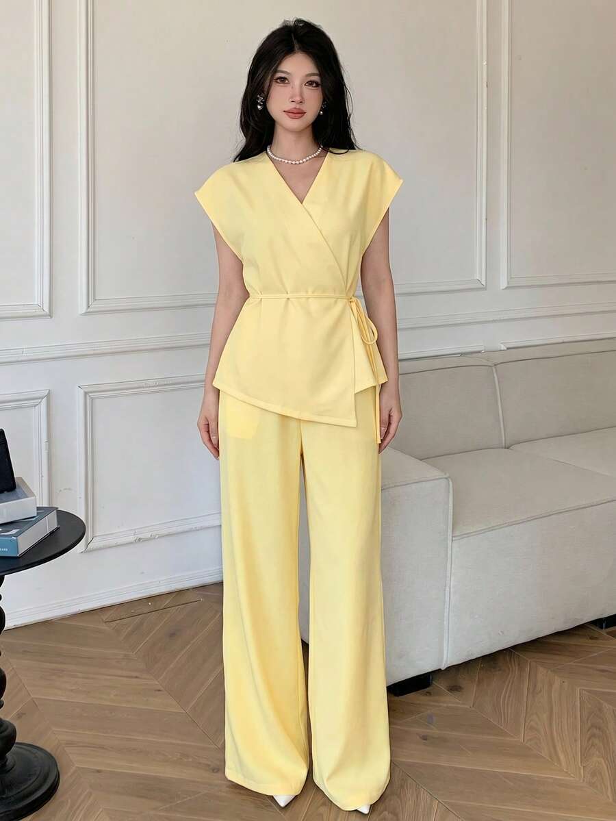Celisse V-Neck Wrap Tie Waist Asymmetric Shoulder Top + Matching Elastic Waist Pocket Pleated Wide Leg Pants Women's 2 Pieces Set - Yellow - View 1