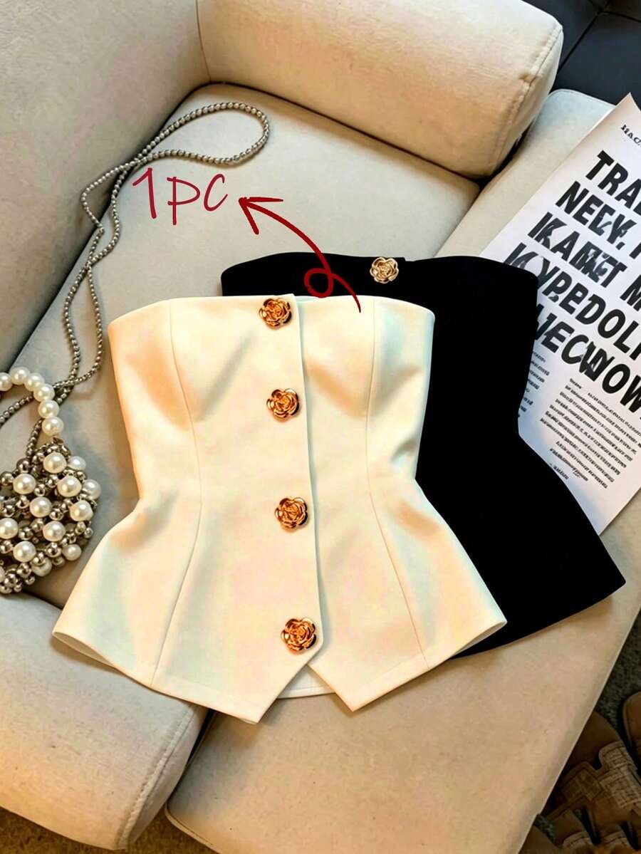 Franclia Women's Solid Color Metal Single-Breasted Casual Versatile Daily Wear Tube Top - Beige - View 1