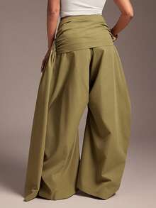Vixey Solid Woven High Waist Gathered Sash Wide Barrel Leg Pants - Olive Green - View 5