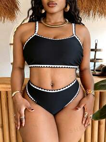 Slaydiva Conjunto de Traje de Baño de 2 Piezas Talla Grande 2026 Nuevo, Atuendo de Vacaciones de Verano en la Playa para Mujeres - Negro - Ver 4