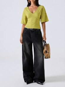 LYSMO Áo thun nữ cổ chữ V phối màu sọc, phong cách casual đa năng mặc hàng ngày đi chơi - Nhiều màu - Xem 4