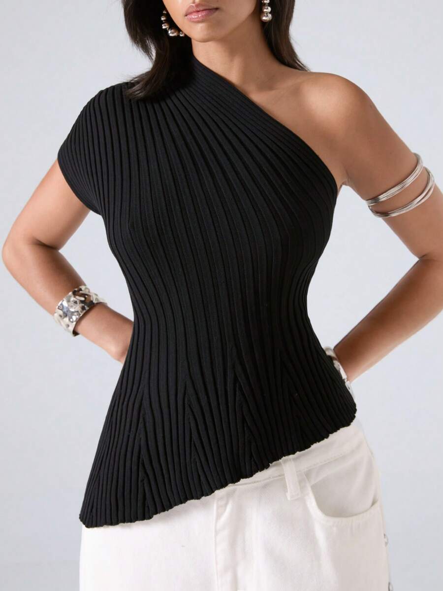 LYSMO Top de punto acanalado ajustado de un solo hombro con dobladillo asimétrico de color liso minimalista de verano para mujer - Negro - Ver 1