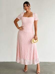 Firerie Plus Size Women's Knit Textured Jacquard A-Line Dress Elegant Wedding Guest Pink Dress For Women Graduation Dress Party Dress For Women - Pink - View 7