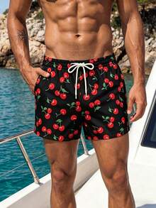 Azuldrift Men's Beach Summer Cherry Print Drawstring Shorts Holiday / Vacation / Beach / Hawaii / Tropical / Swim /  Bathing - Black - View 8