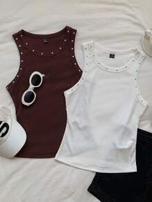 Comfortcana Áo ba lỗ nữ thường ngày đính hạt trang trí, mùa hè - Nhiều màu - Xem 3