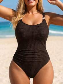 Swim Lushoire 2026 Novo Maiô Franzido com Alça de Contas Tipo Waffle em Plus Size para Mulheres, Café, Praia, Férias, Verão, Festa, Elegante Roupa de Praia para Senhoras, Roupa de Resort para Mulheres - Café - Visão 5