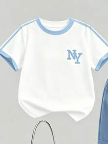 青少年女孩 2件/套休閒時尚春/夏女款短袖T恤工裝褲套裝，簡單字母NY圖案設計，短袖圓領T恤設計搭配工裝褲，舒適短袖圓領T恤內搭褲，適合春/夏輕鬆舒適，時尚休閒穿搭，街頭風，外出休閒穿搭返校派對，適合戶外野餐，街頭攝影，校園，假期，禮品使用 - 彩色 - 查看 4