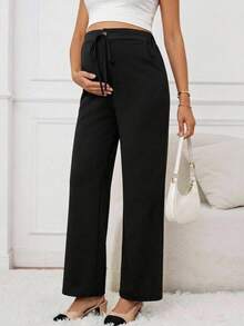 SHEIN Maternity Solid Color Minimalist Button Tie Casual Loose Long Pants Fall - Black - View 6