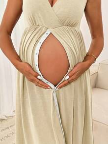 Slowluna Women's Solid Color Minimalist V-Neck Sleeveless Maternity Delivery Gown - Apricot - View 7