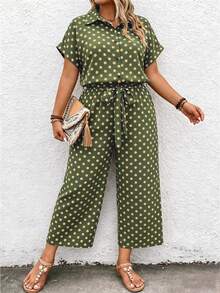 Linhara CURVE Plus Size Women's Polka Dot Shirt Collar Short Sleeve Button Front Tie Decor Jumpsuit - Green - View 4