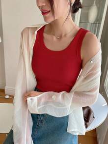 DAZY リブ編み タンクトップ ソリッドカラー、ノースリーブ - レッド - チェックする 6