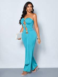 SOLERSUN Mono de verano 2026 para mujer, sexy, de color azul océano con recortes y fruncidos, de alta elasticidad. Elegante mono de una pieza con herrajes en forma de concha, sin tirantes, espalda descubierta, pantalones anchos de pierna larga. Mono de una pieza con recorte en forma de concha, sin tirantes, de Body ceñido y piernas anchas. Atuendo para fiesta en la playa, club, estética Y2K - Azul - Ver 4