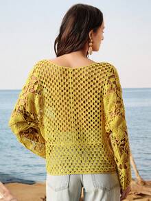 Breezaya Women's Spring Summer Autumn Beach Vacation Style Hollow Out Sheer Cover-Up Top - Blue - View 2