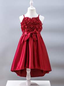 SHEIN Glamorique Kids 女童酒紅色細肩帶公主洋裝，高低裙擺附拖尾，3D玫瑰刺繡，高級緞面，適合生日派對、婚禮花童、家庭聚會、儀式場合、休閒出遊、拍照、度假、畢業舞會 - 酒紅色 - 查看 8