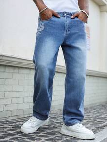 Manfinity Roghcode Men's Casual Washed Print Denim Jeans - Blue - View 4