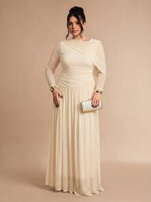 SHEIN BAE Plus Size Women's Coffee Brown Long Sleeve Mesh Knit Asymmetrical Dress - Apricot - View 6