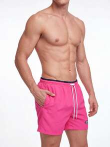 Manfinity KASUA Swim Trunks For Men Drawstring Waist Security Pockets Lightweight 4-Way Stretch Letter Patches,Solid Color For Beach Vacation,Resort Casual,Water SportsRose Red Fabric Non-Stretch Lined Beach Shorts - Rose Red - View 5