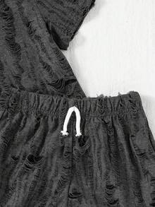 Young Boy T-Shirt Set Loose Straight Leg Basic Crew Neck Short Sleeve, Fabric With Distressed/Hollowed Out Texture Treatment, Asymmetric Wear, Frayed Edges And Hollowed Out Texture Make The Basic Dark Gray Fabric Instantly Have A Vintage Street Style, With A Brand Design Sense, Bottoms Are Loose Straight Leg Shorts, Shorts Also Continue The Same Style As The Top - Black - View 5