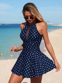 Swim Lushoire Summerbeach Women's Polka Dot Ruffle Hem Halter Neck Backless Swim Dress - Navy Blue - View 6