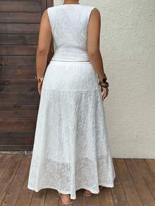 Dazy Plus Women's 2pcs White Plus Size Vacation Casual Set, Round Neck Lace Sleeveless Top & Elastic Waist Long Skirt Summer - White - View 4