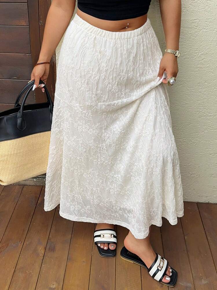 Dazy Plus Elastic Waist Lace All-Over Floral Embroidered Chiffon Long Elegant Plus Size Women's Spring/Summer Apricot Skirt
