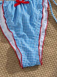 Swim Mod Bikini a blocchi di colore con fiocco rosso, collo alto, vita bassa, costume da bagno snellente per vacanze, a quadri blu e bianchi - Multicolore - Visualizzare 4