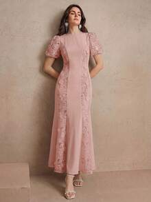 Anewsta Spring/Summer Round Neck Puff Short Sleeve Lace 3D Applique Elegant Romantic Fishtail Hem Women's Dress Tea Party Dusty Pink - Dusty Pink - View 5