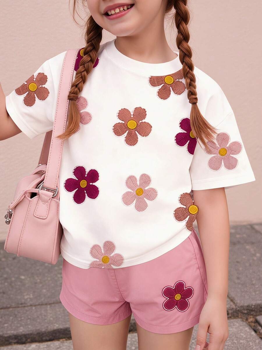 Souflis Souflis 4-7歲女童幼童套裝 棕色花卉系列休閒圓領短袖T恤與短褲,花卉圖案印花,時尚休閒適合日常穿著、居家、度假,適合兒童戶外活動、拍照穿搭,寬鬆舒適 - 彩色 - 查看 1
