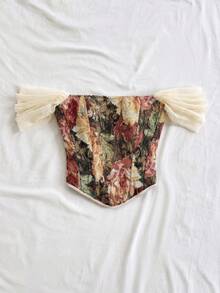 Soleia Áo quây bustier nữ phong cách vintage court đi nghỉ, in jacquard hoa nhiều màu, đính nút trước và buộc sau, dạng tube, thanh lịch, hẹn hò - Nhiều màu - Xem 7