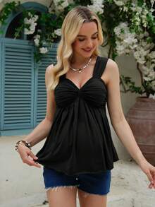 SHEIN Maternity Casual Solid Color Pleated Versatile Tank Top For Vacation - Black - View 5