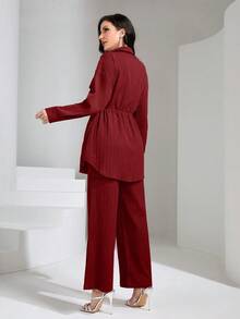 Graceveil Flap Pocket Drawstring Waist Shirt & Wide Leg Pants 2 Pieces Set Modest - Burgundy - View 2