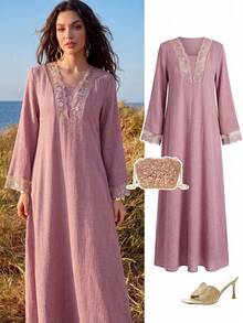Yasmyna Robe élégante à col en V 2 en 1 avec patchwork de dentelle et manches évasées, printemps/été - Rose bonbon - Voir 8