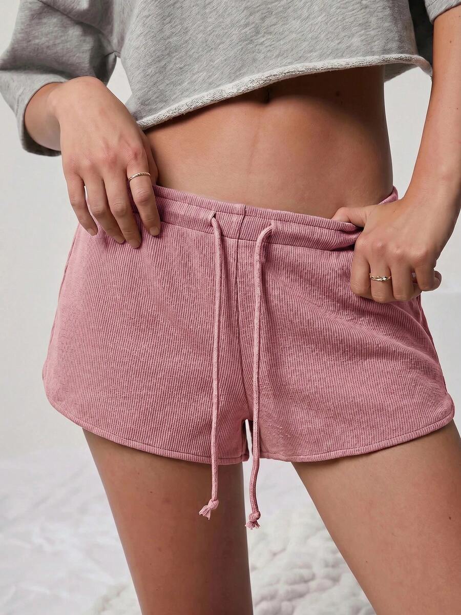 WESTFADE Drawstring Waist Rib Knit Casual Lounge Pink Shorts - Pink - View 1