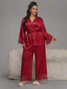 HautHeat Plus Size Button-Up Solid Color Sexy Pajama Set For Spring And Autumn - Burgundy - View 5