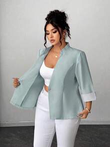 Elenzga Plus Size V-Neck Open Front Elegant Commuter Color Block Striped Cuff 3/4 Sleeve 2 In 1 Versatile Blazer Fall - Mint Green - View 7