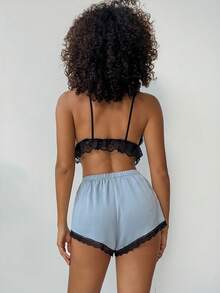 DAZY Set Piyama Wanita Musim Panas Seksi dengan Atasan Cami Crop Berenda Transparan dan Celana Pendek - Biru - View 2