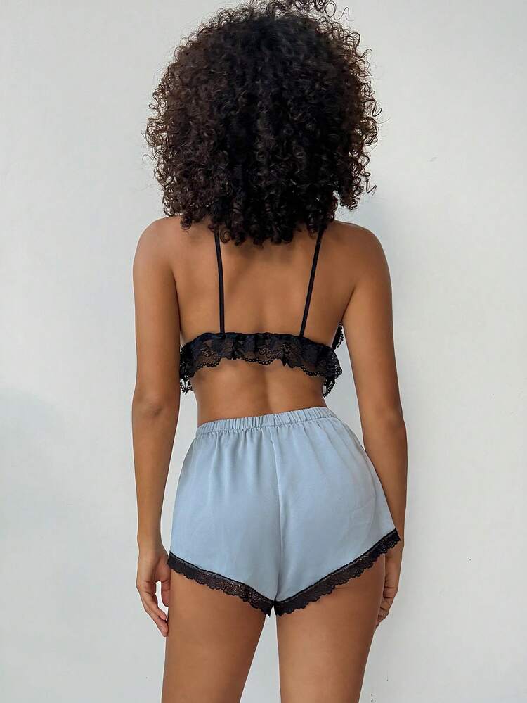 Women's Summer Sexy Sheer Lace Cropped Cami Top And Shorts Pajama Set