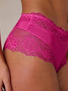 SHEIN BAE 1pc Women Solid Color Lace Patchwork Bikini Panty - Hot Pink - View 2