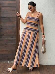 Livesso Damen Große Größen Urlaubskleid, ärmellos, gestreift, figurbetont, sexy Wickelkleid in Midi-Länge, bunt gestreift, Sommerkleid für Urlaub und Party - Verschiedenfarbig - Übersicht 1