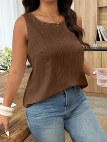 Weeklong Plus Size Women Spring/Summer Sleeveless Textured Fabric Ruffle Trim Decorative Casual Vacation Blouse Tank Top - Brown - View 6