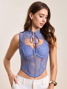 Hourtrue 1 buah Atasan Korset Tulang Ikan dengan Motif Renda dan Patchwork, Korset Pengencang Pinggang - Dusty Blue - View 8