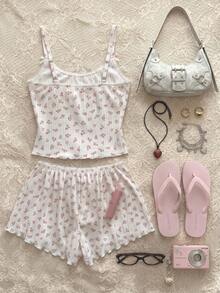 SHEIN Casual Underwear&Sleepwear 女士碎花吊带背心和短裤睡衣套装 - 白色 - 查看 2