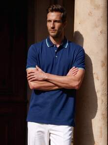 Officeau Men's Colorblock Striped Print Casual Short Sleeve Polo Shirt, Summer Men Polo Shirts - Royal Blue - View 6